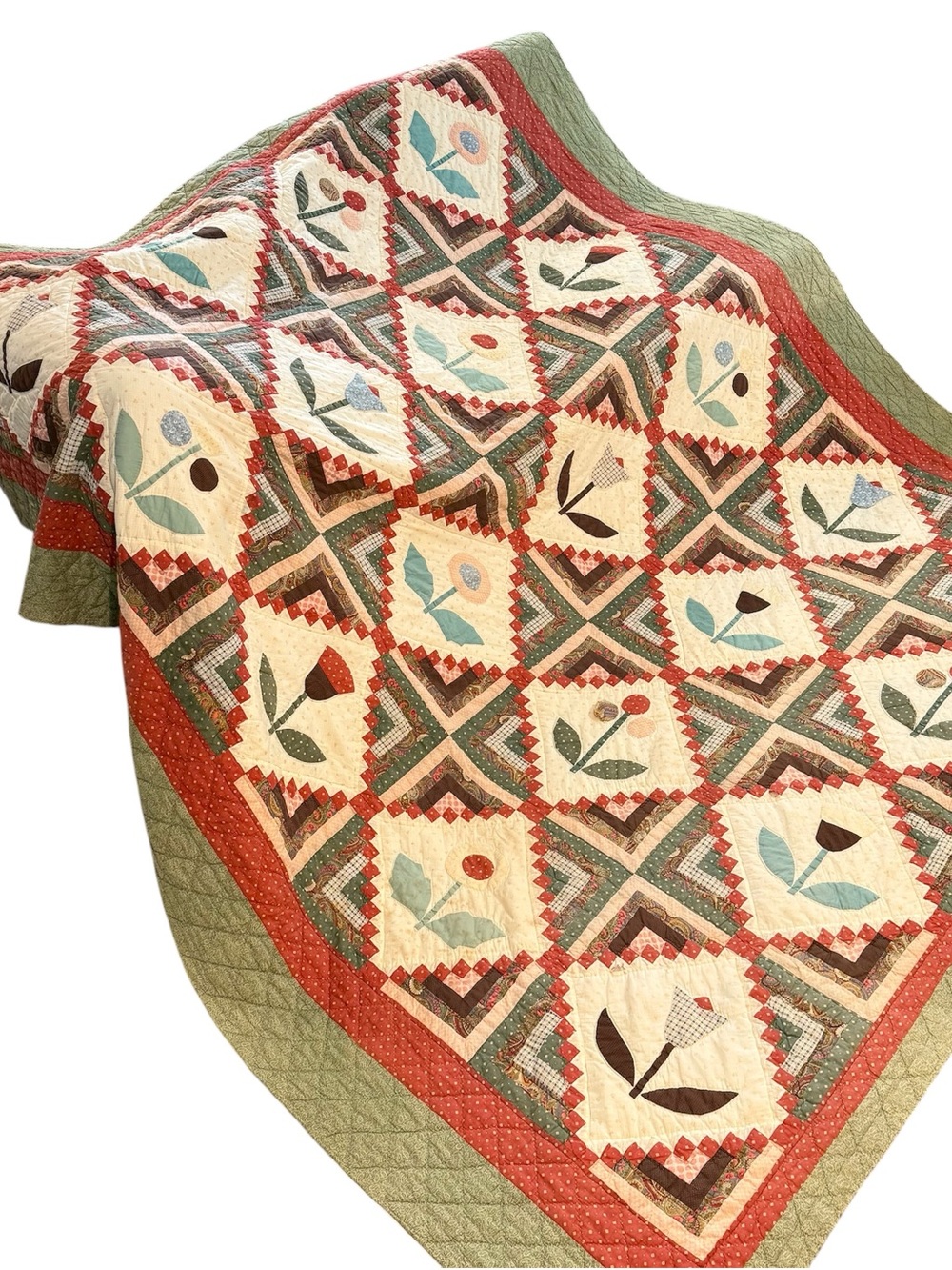 Vintage handmade floral tulip patchwork Quilt handmade machine sewn folk art